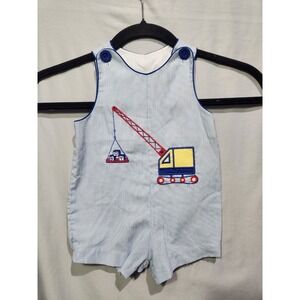 VTG TODDLE‎ TYKE Crane Blue White Pinstripe Romper Outfit Baby Boy Size 9 Months